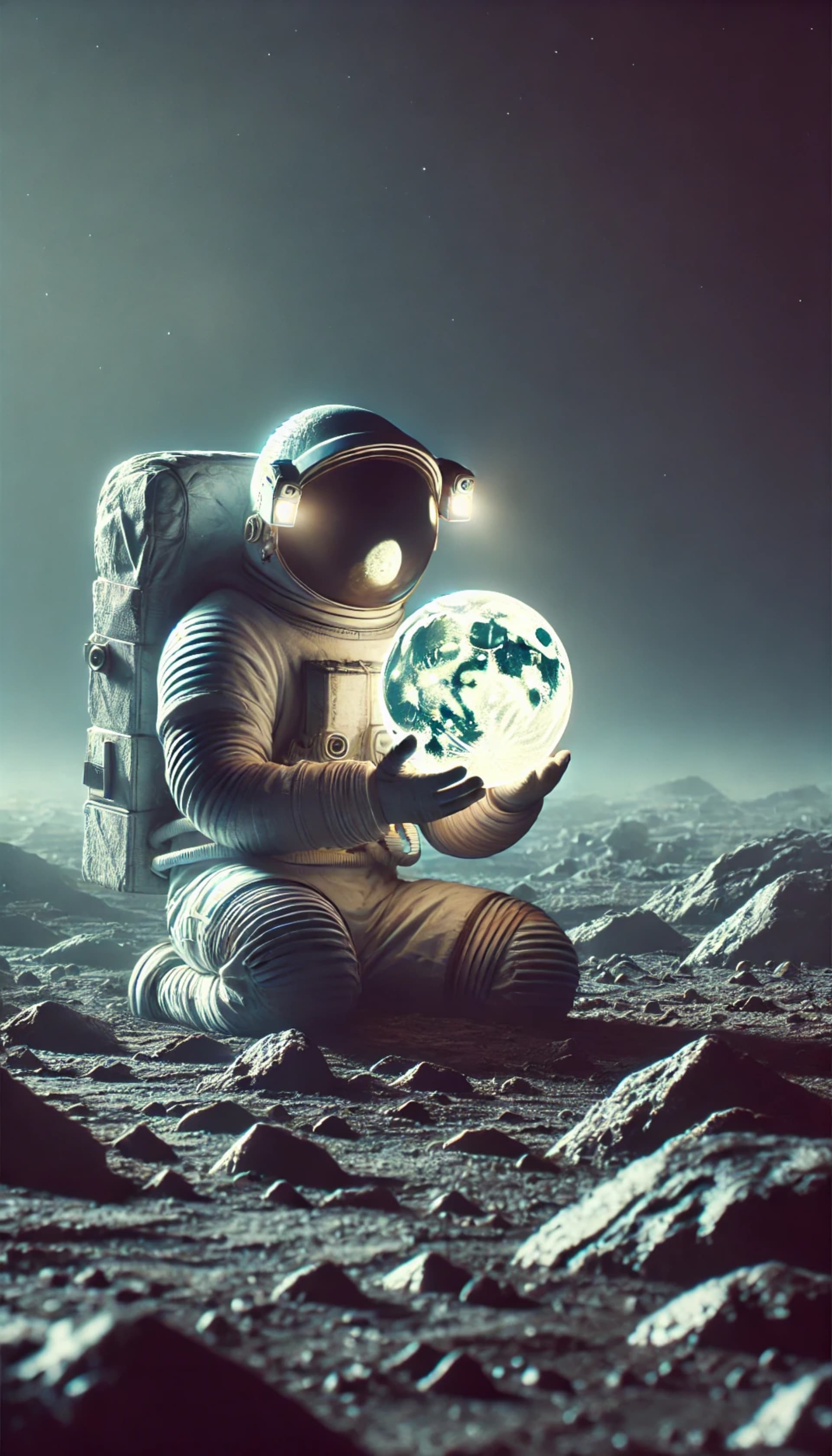 An astronaut kneeling on the lunar surface holding a glowing Earth